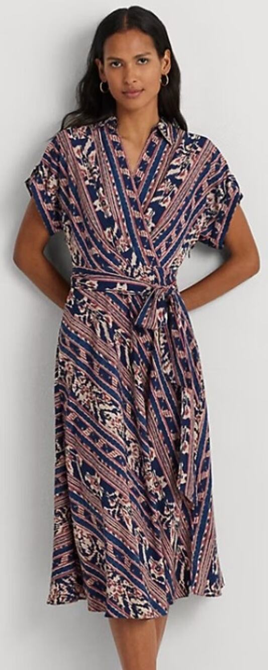 NWT Lauren Ralph Lauren Geo Stripe Belted Crepe Midi Dress Navy Multi Womens 12